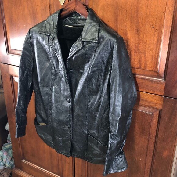 Women's Leather Jacket Black Blazer 8-10 Collared Button Front Classic - Picture 13 of 16